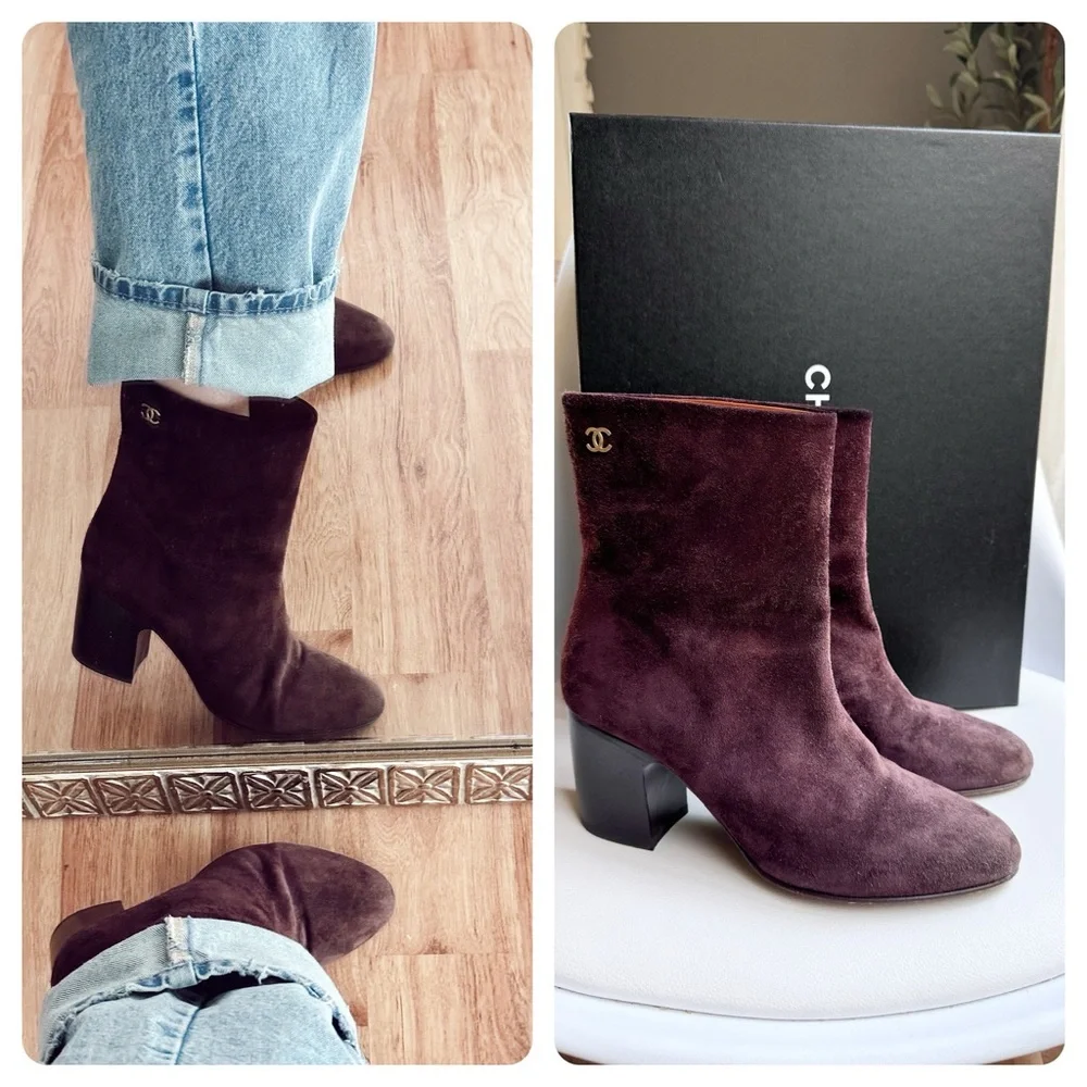 Chanel Burgundy Suede Ankle Boots with Gold CC
